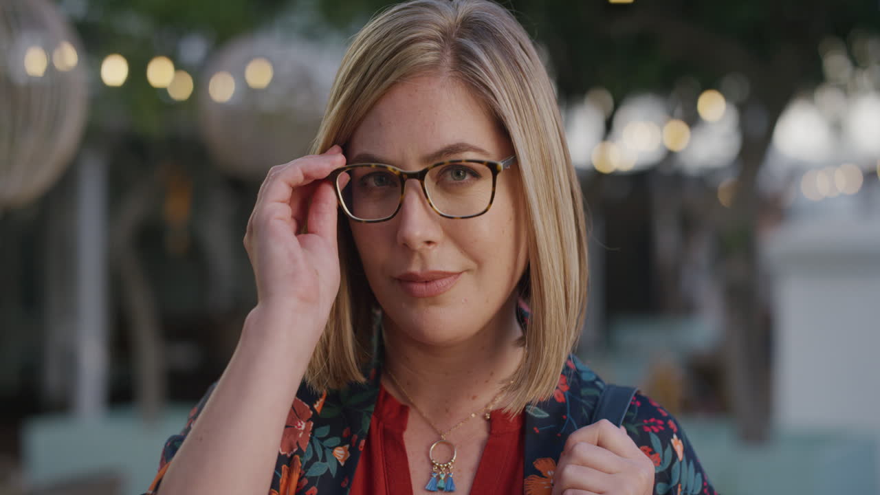 retrato mujer de negocios confiada se pone gafas disfrutando de un estilo de vida urbano exitoso profesional rubia mujer empresaria en la ciudad cámara lenta