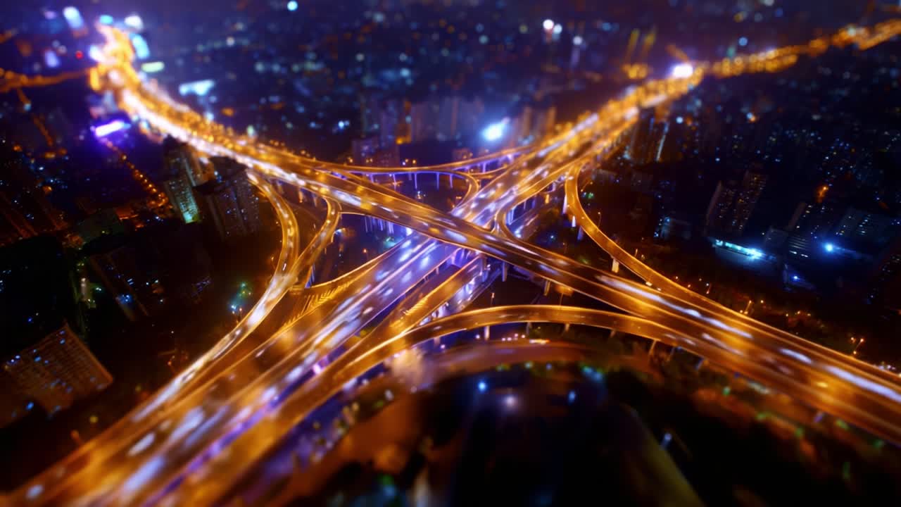 Aerial View of Urban Highway Interchange at Night: Illuminated Roads ...