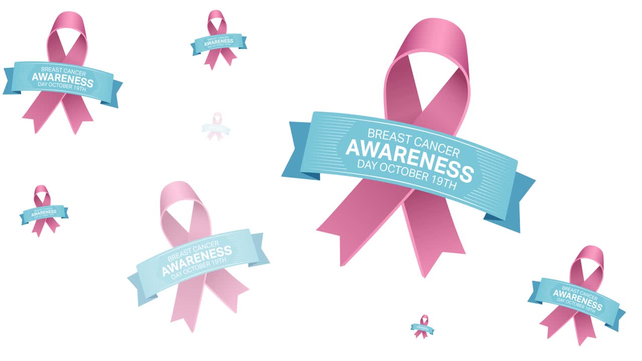 ⁇ 색 배경에 나타나는 여러 개의 분홍색 리본 로고와 유방암 텍스트의 애니메이션