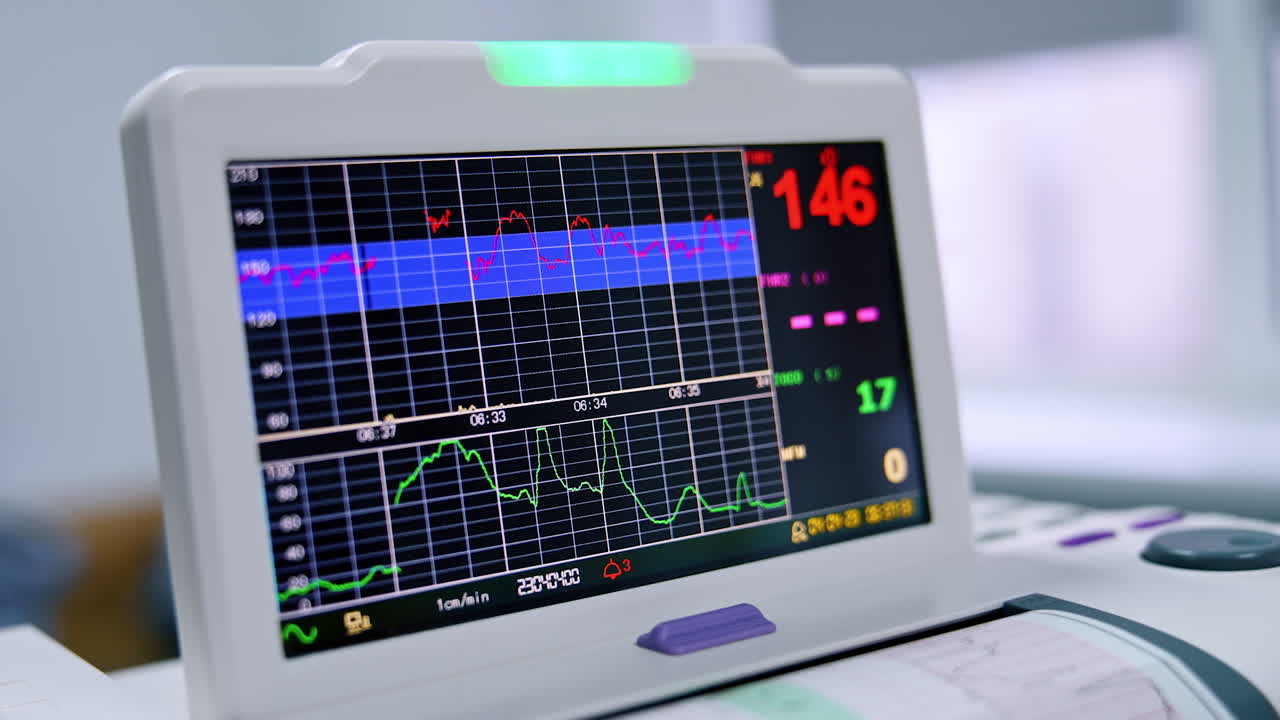 Screen of CTG device working in hospital ward. Close up. Medical diagnostic equipment.