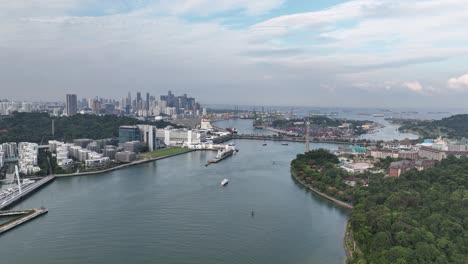 singapur, vista de la ciudad, horizonte, vista del océano y terminal de contenedores