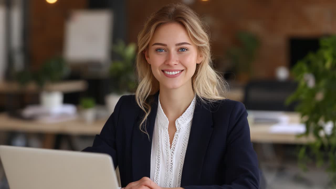 Una giovane professionista sorridente nel suo spazio di lavoro, che irradia positività e determinazione mentre svolge un lavoro produttivo in un ambiente d'ufficio moderno