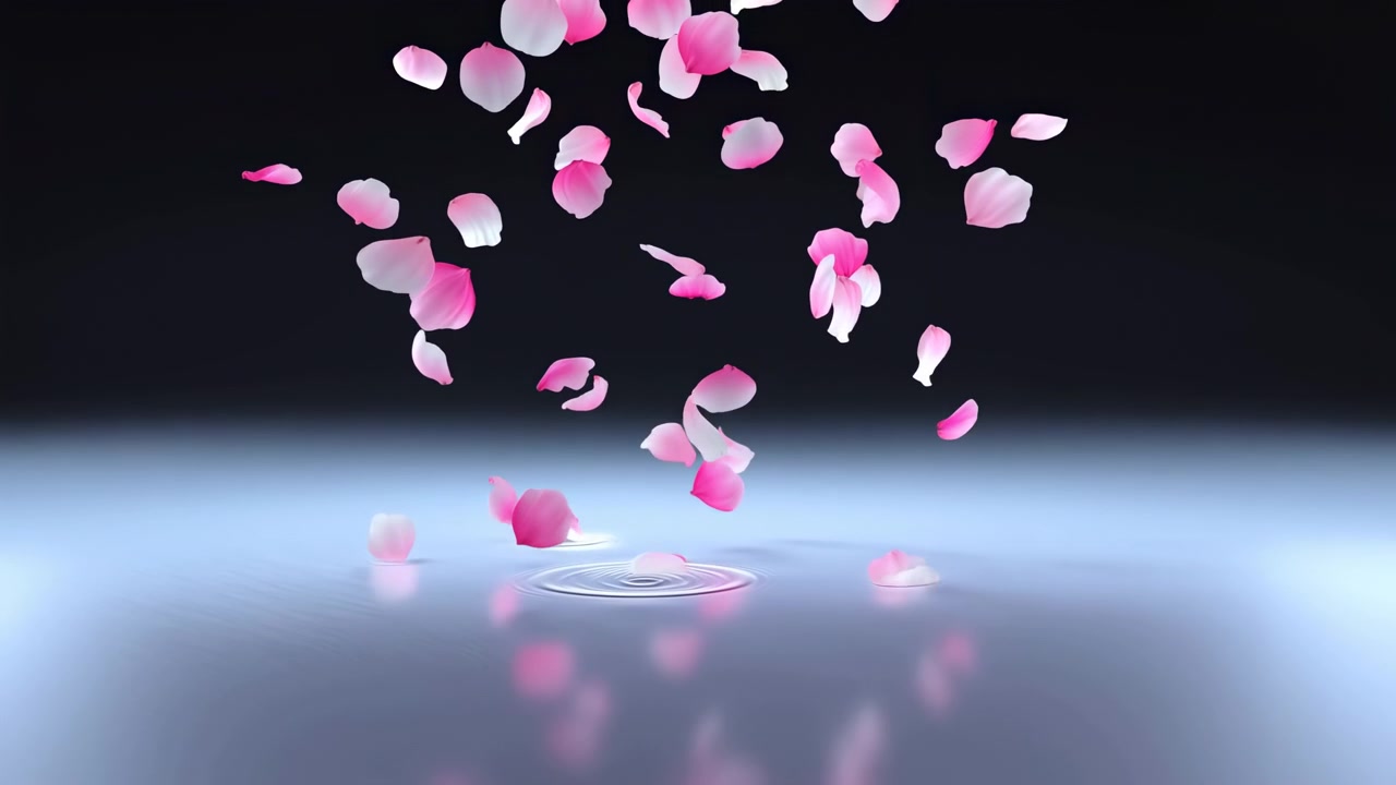 Pétalas rosas caindo sobre palco espelhado, iluminação cinematográfica suave, fundo preto, pétalas de rosa em câmera lenta