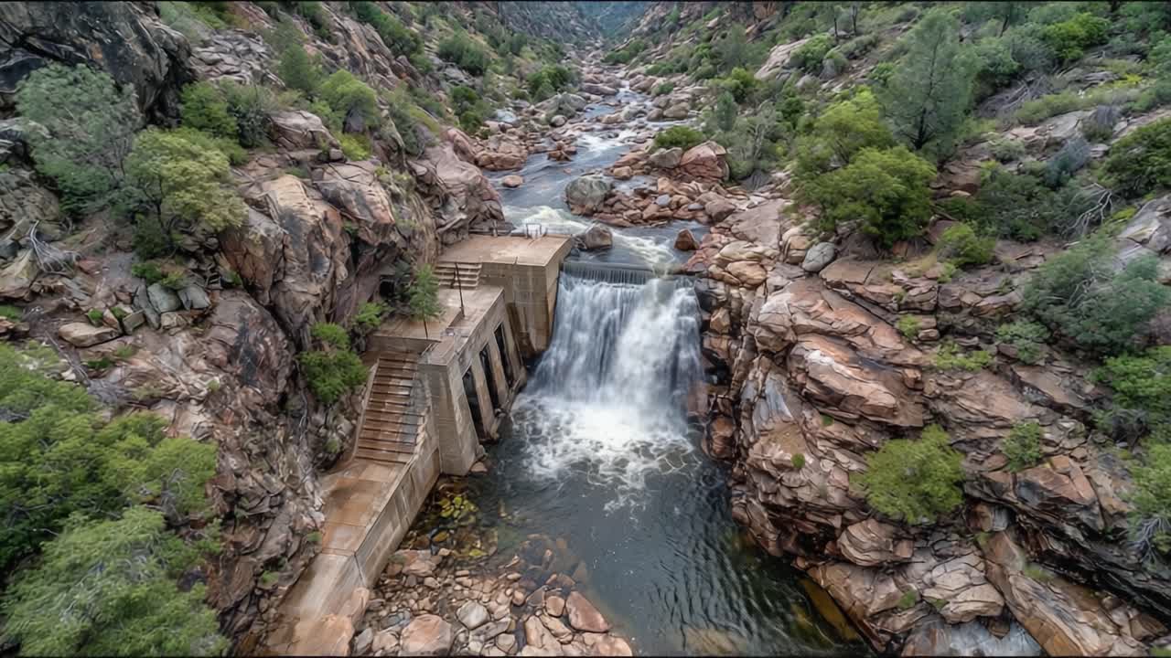 Vista Aérea de uma Bela Cascata Fluindo por um Leito de Rio Rochoso Rodeado por Vegetação Exuberante e Pedras Irregulares em uma Paisagem Selvagem Deslumbrante