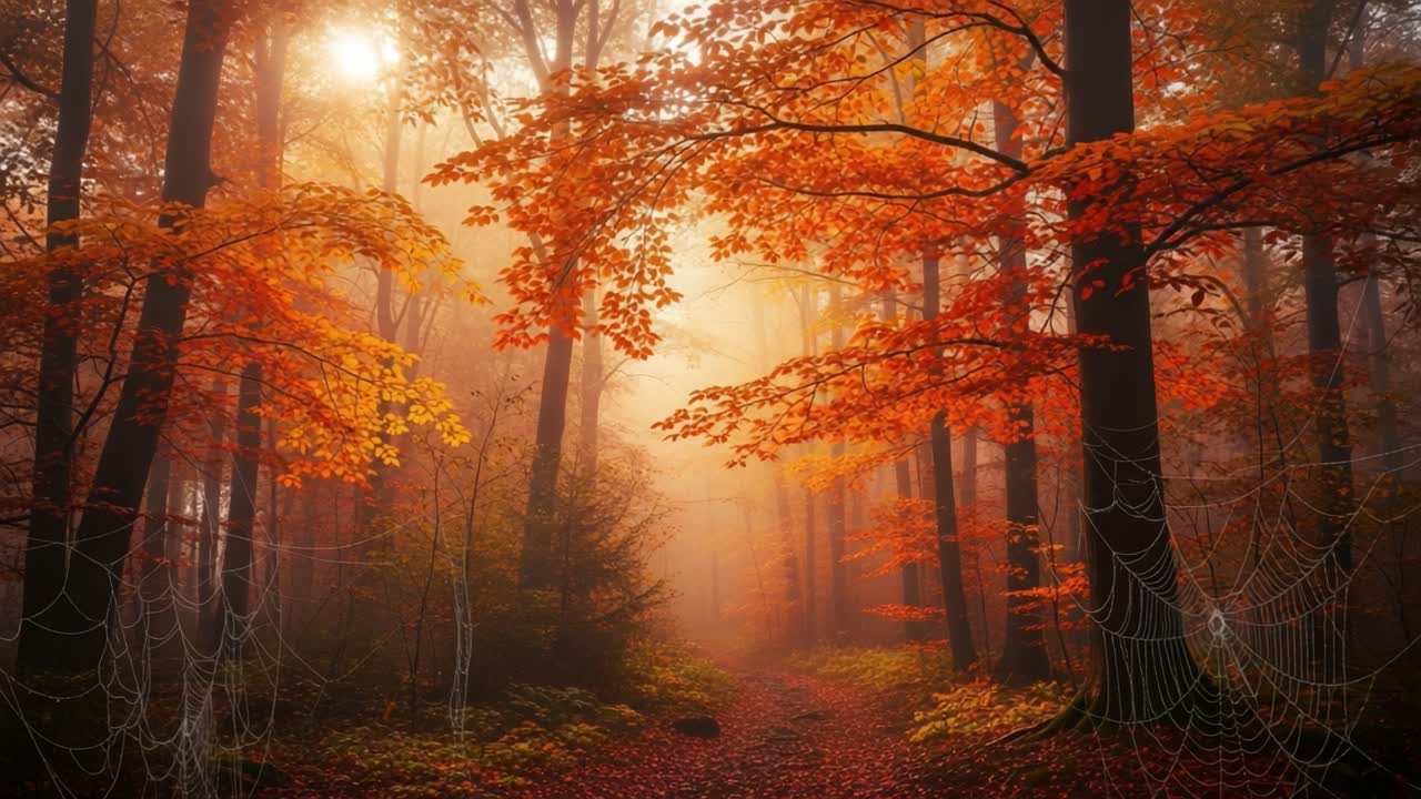 A Serene Autumn Forest Path Shrouded in Morning Mist, Highlighting Vibrant Orange Leaves and Delicate Spiderwebs Amongst Tall Trees