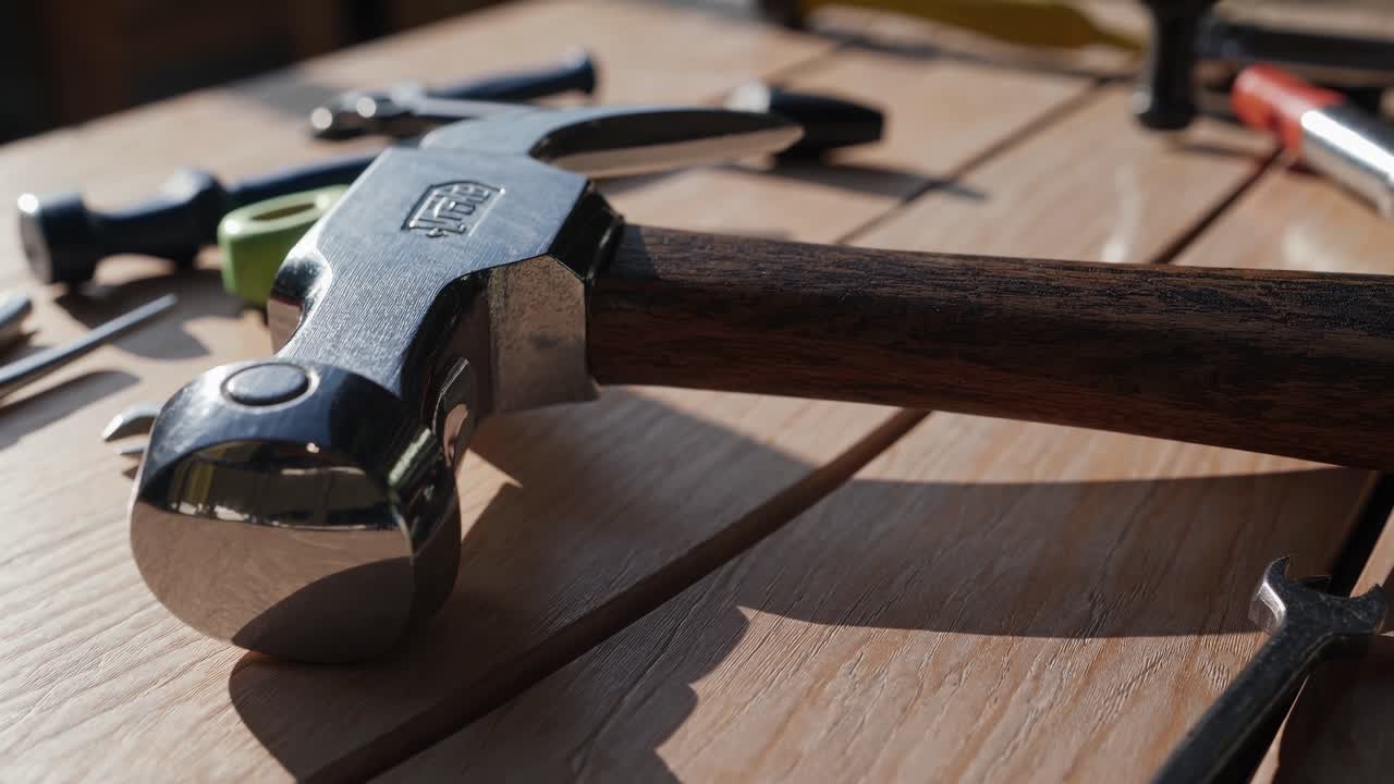 Primo piano di un martello e vari attrezzi manuali su un tavolo di legno