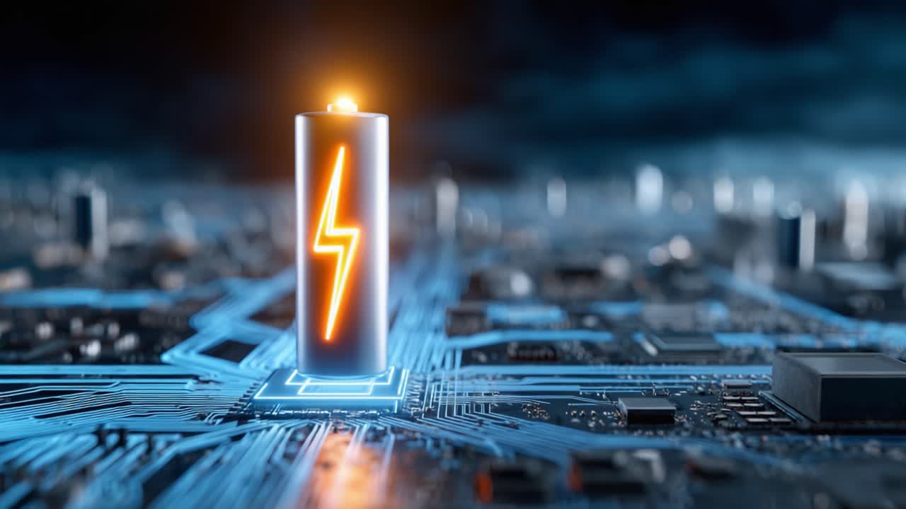 A vibrant display of energy and technology is captured in these frames, highlighting a battery icon glowing on a circuit board, symbolizing power and innovation