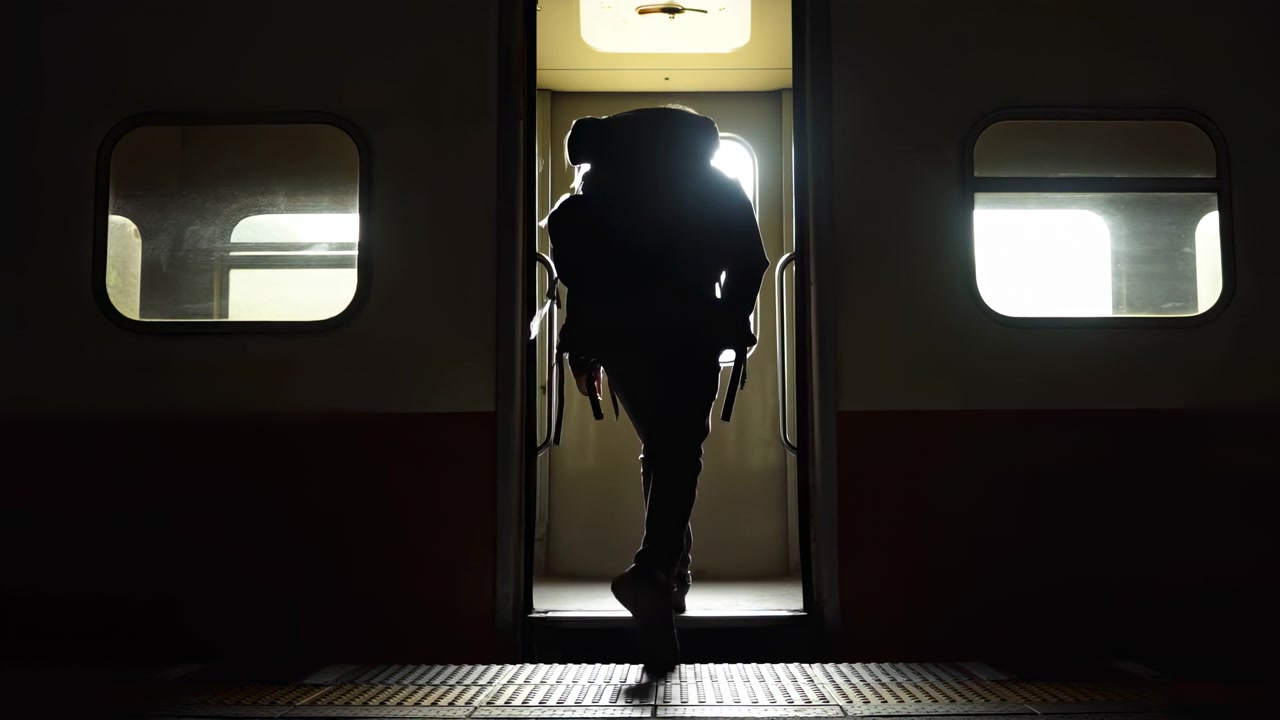 Un pendolare solitario sale su una porta aperta del treno, allontanandosi dalla telecamera, il corpo delineato da un'intensa retroilluminazione mentre l'interno scuro della carrozza, la soglia metallica e le texture della piattaforma creano una scena di transito urbano
