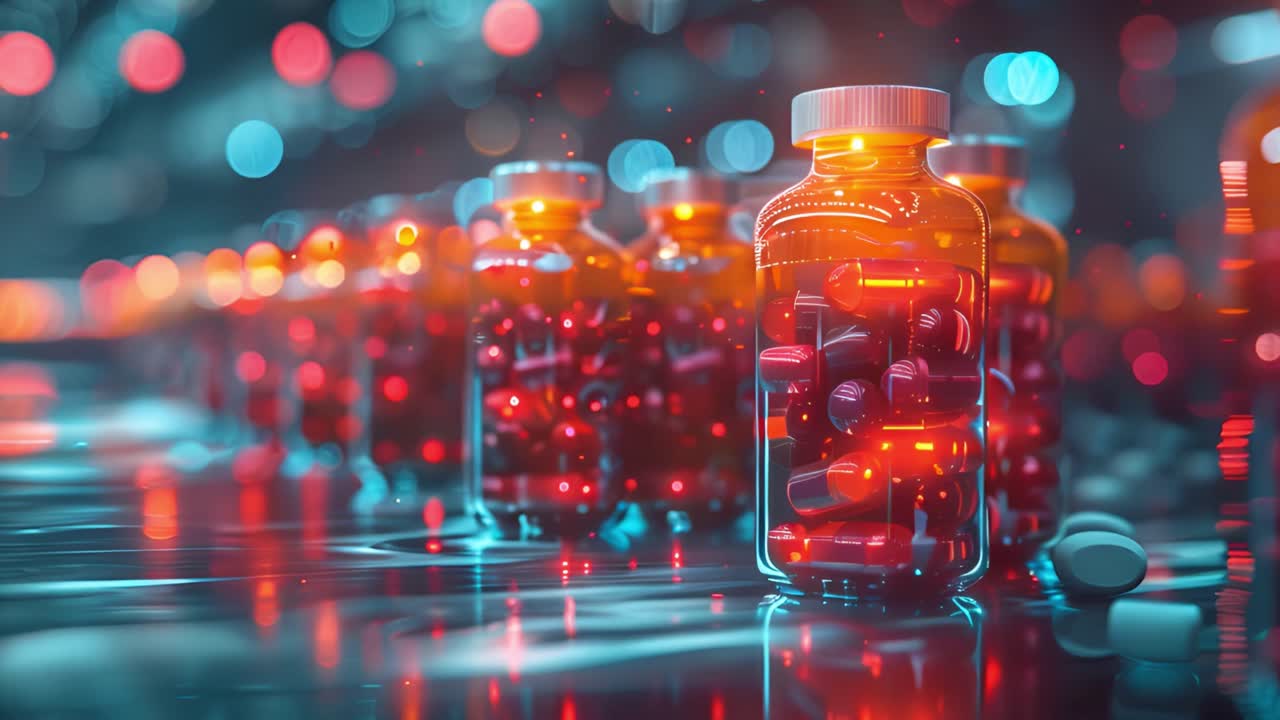 Glowing Red Pills in Medicine Bottles with Bokeh Background