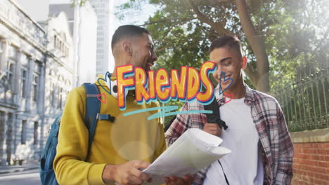 animation of friends text over happy biracial male friends with map