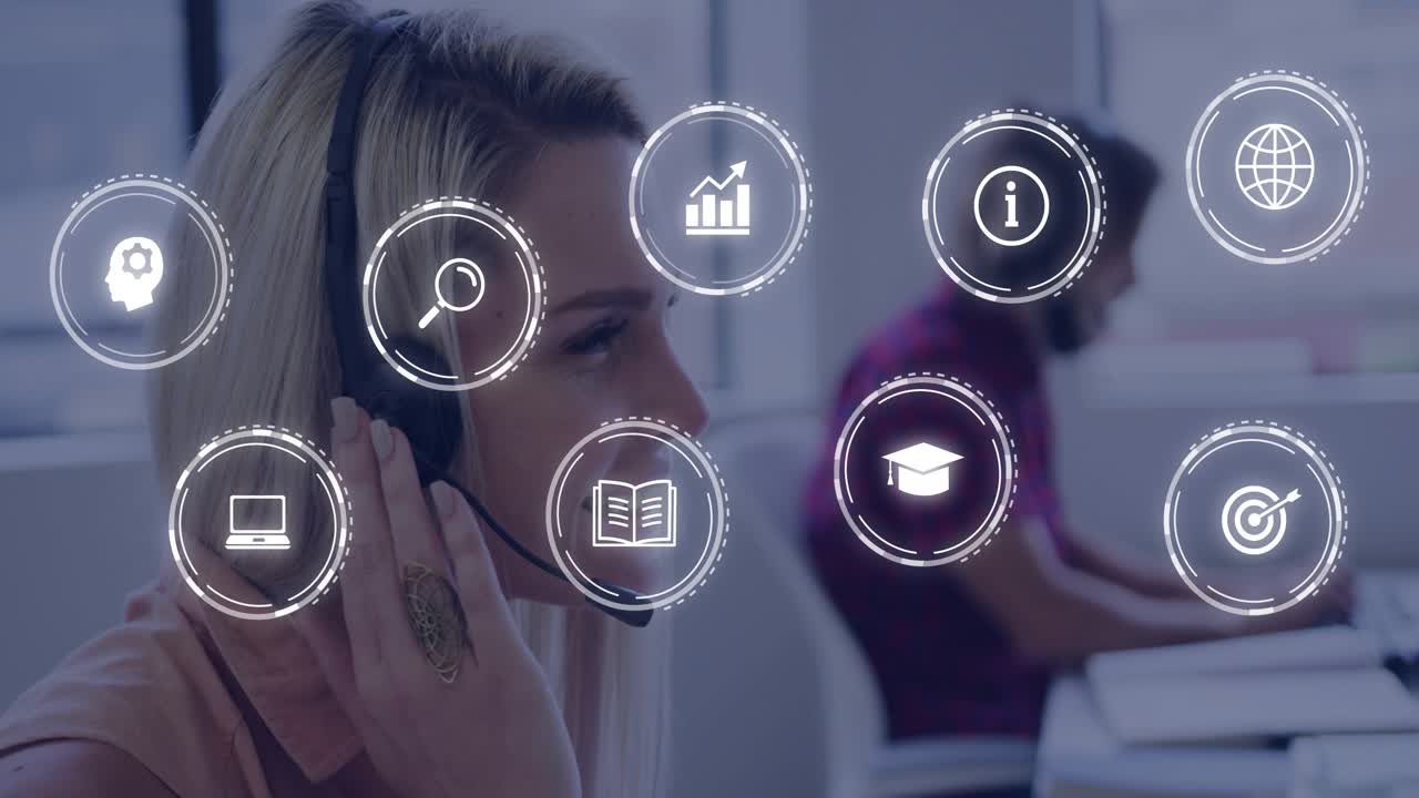 Agent on help call, listening and adjusting headset while floating UI icons showing data over frame