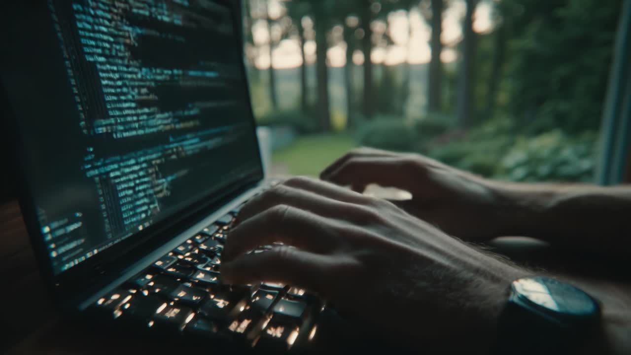 Focused Coding Session in Nature: A Programmer's Creative Environment Amidst Lush Greenery and Soft Sunset Light