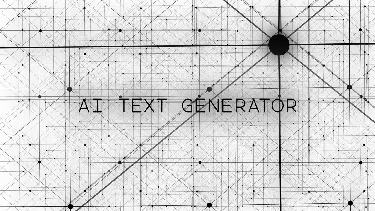 A web of black particles animates from random to orderly as AI generates the phrase "AI TEXT GENERATOR