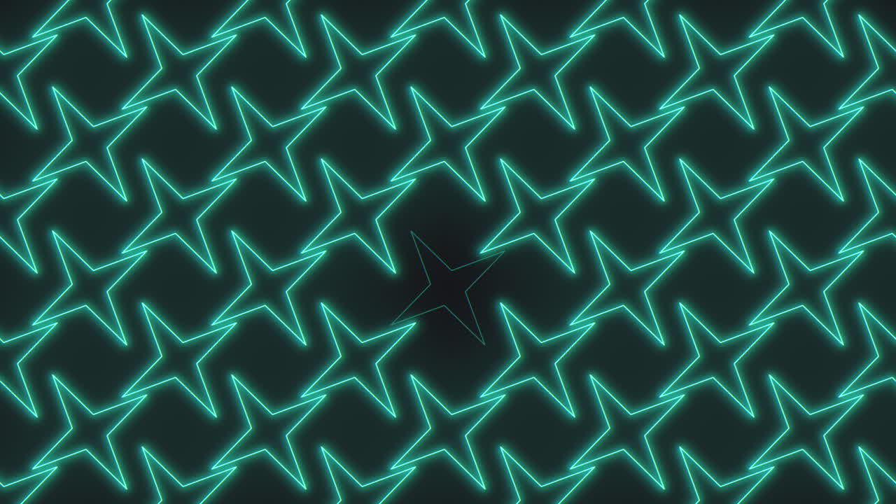 A mesmerizing digital illustration features a glowing blue star pattern against a black backdrop. The stars are formed by a series of interconnected triangles, creating a striking neon appearance