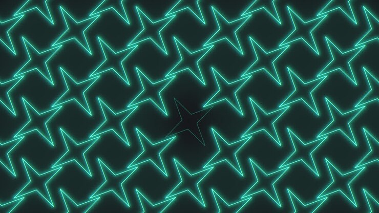 Un'illustrazione digitale affascinante presenta un motivo a stelle blu luminose su uno sfondo nero. Le stelle sono formate da una serie di triangoli interconnessi, creando un aspetto neon sorprendente.