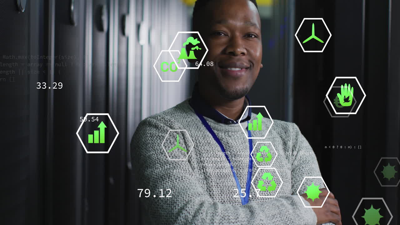 animación del procesamiento de datos sobre ingeniero informático afroamericano y servidores informáticos