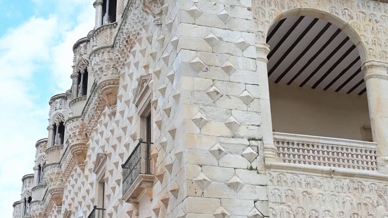 Guadalajara, Spain: A stunning detail shot captures the Infantado Palace's iconic diamond facade. Its intricate ornate details showcase exquisite Renaissance architecture and timeless artistry.