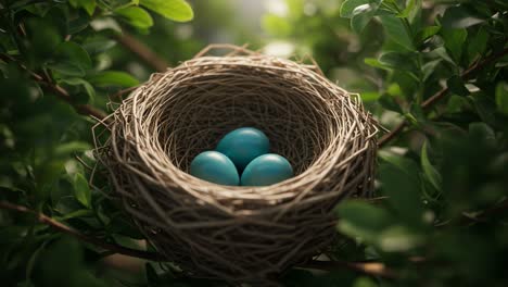 a close-up view of a natural bird's nest containing three beautiful bright blue eggs surrounded by lush green foliage and soft natural light