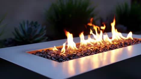 a cozy outdoor fire feature with flickering flames and decorative rocks creating an inviting atmosphere for relaxation and social gatherings