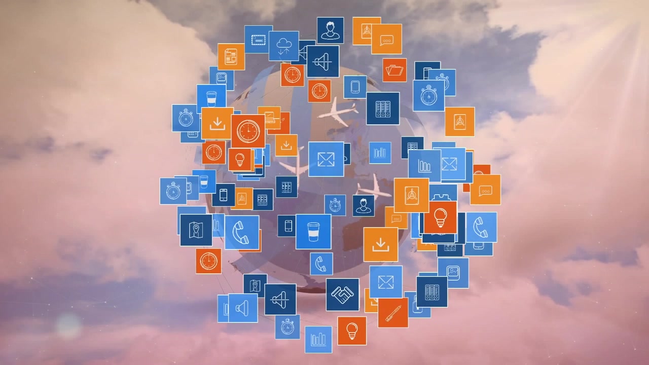 Animation of airplanes and icons over globe against cloudy sky and sun rays in background