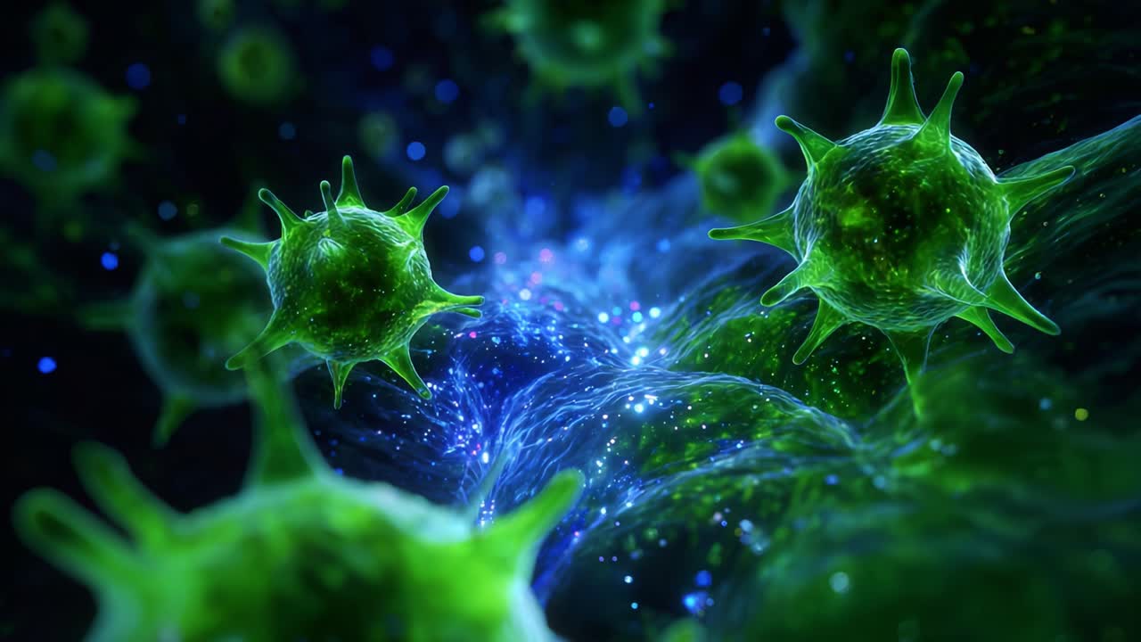 Magnified View of Green Microbes in a Dynamic Environment with a Sparkling Background Illustrating the Microbial Universe and Its Characteristics