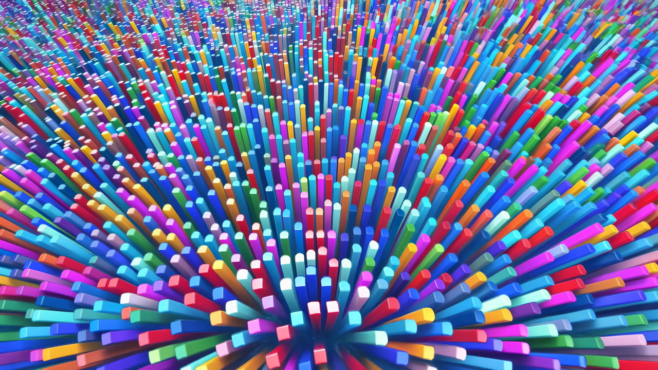Vibrant Threedimensional Colorful Rods Explosion Radiating Outward Across Frame, Dense Radial Array
