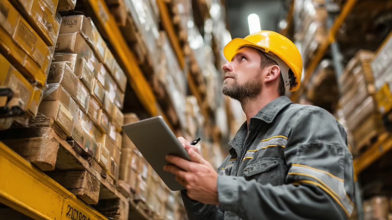 Un magazziniere organizza meticolosamente l'inventario mentre utilizza un tablet per il tracciamento e la supervisione, sottolineando la sicurezza e l'efficienza nelle operazioni logistiche