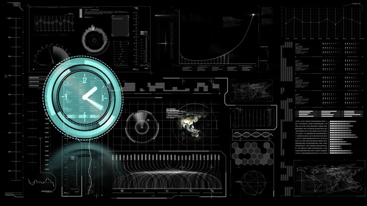Animation of digital interface with clock over dark background