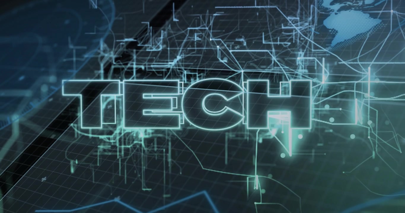 Grid emerging triggers lines converging into neon TECH text, data streaming for tech branding