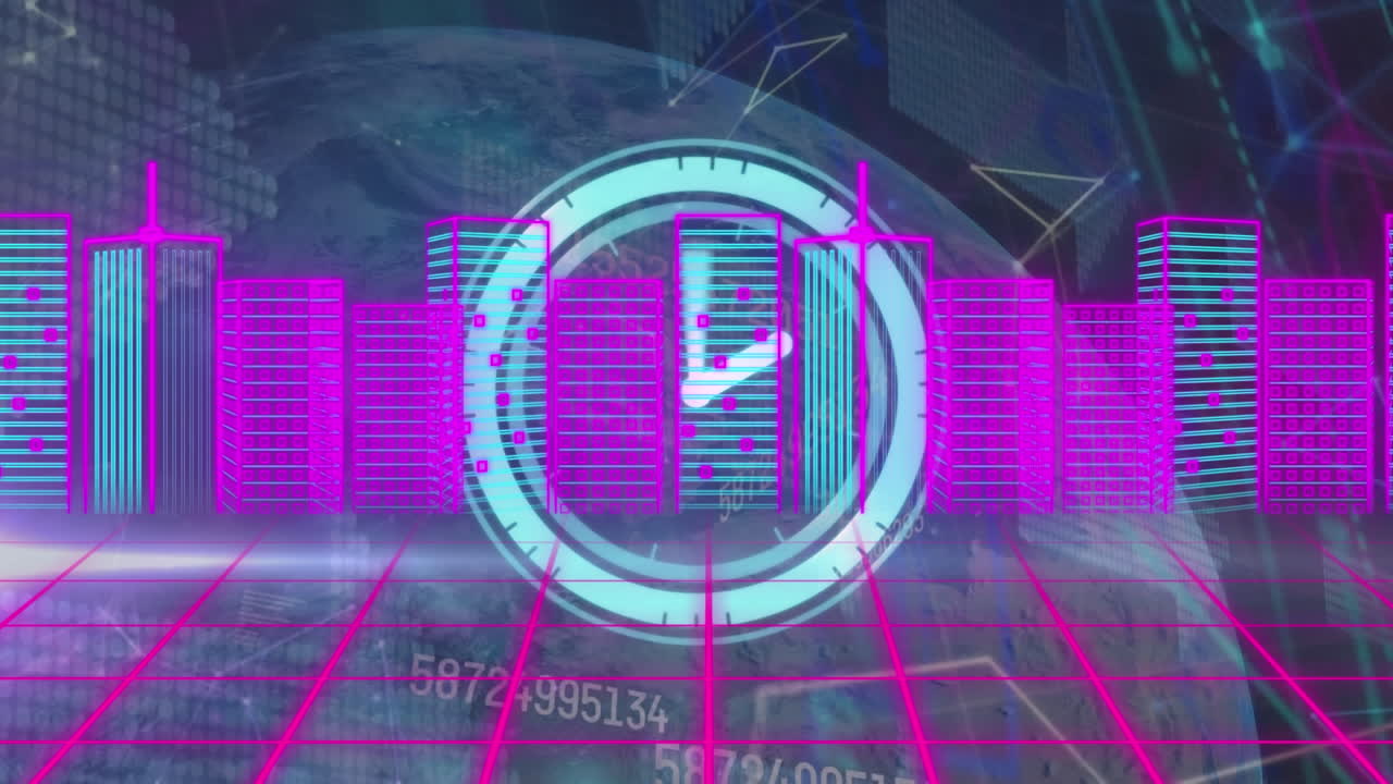 animación de reloj en movimiento sobre procesamiento de datos con ciudad digital y globo sobre fondo negro.