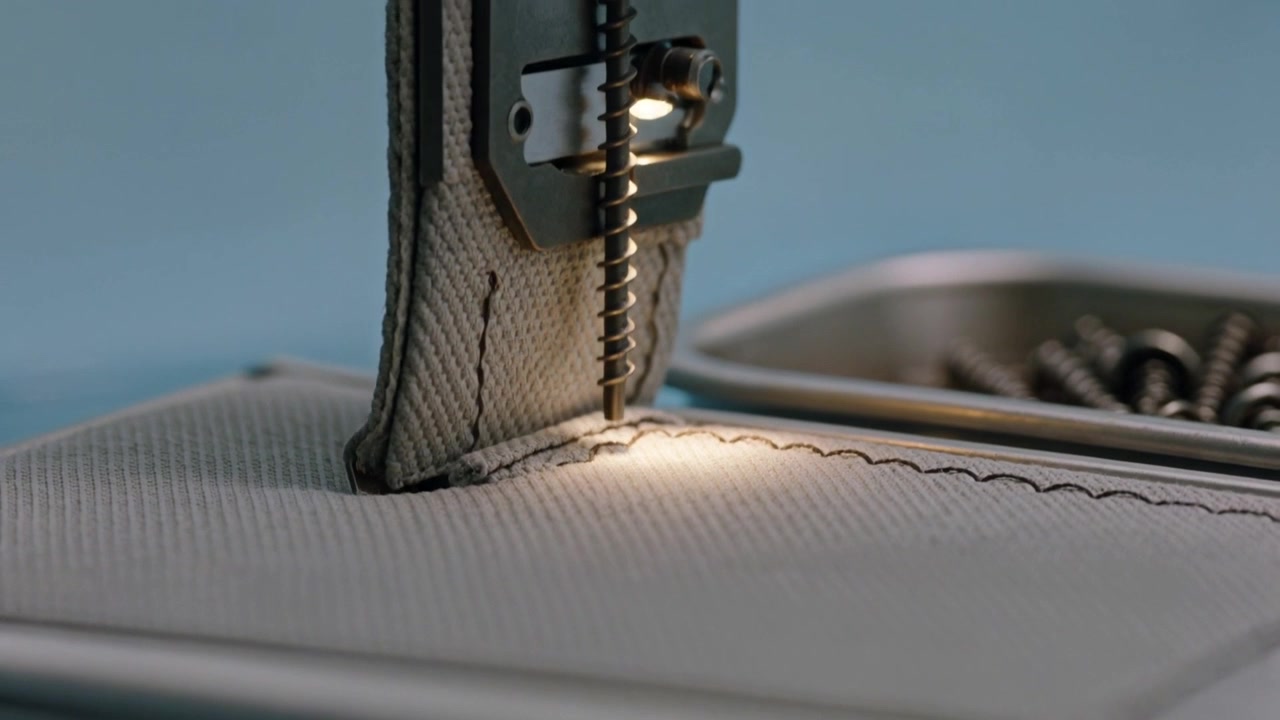Lowering sewing needle and presser foot sewing canvas at bench, extending zigzag seam
