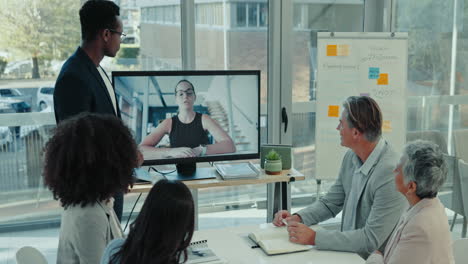 video call, meeting and business people on screen