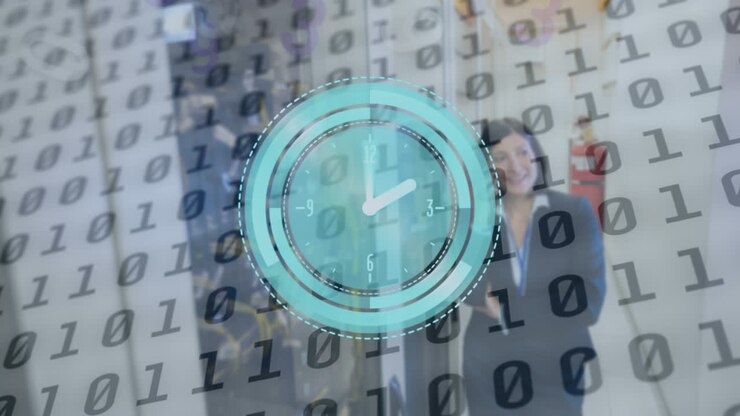 Animation of binary coding and moving clock over caucasian woman in server room