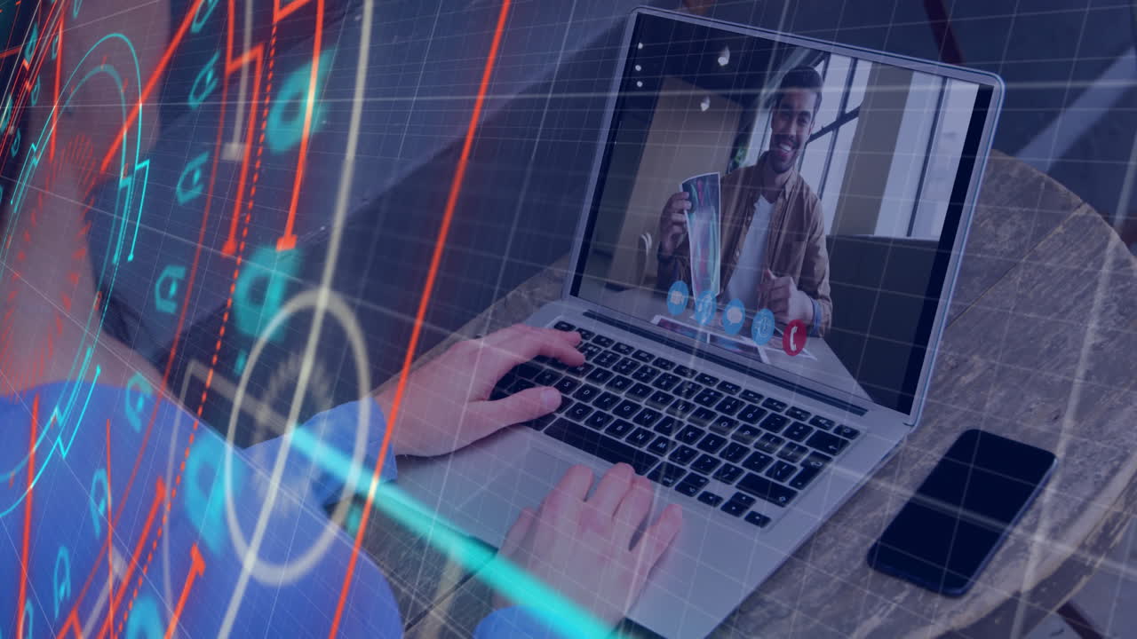 animación de escaneo de alcance sobre mujer caucásica usando portátil para llamada de video