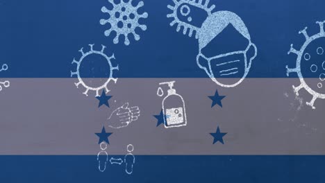 animation of covid 19 virus cells and digital icons over flag of honduras