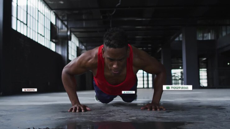 Male fitness athlete doing pushups, each rep sparking HUD tags tracking puddle reflection for form