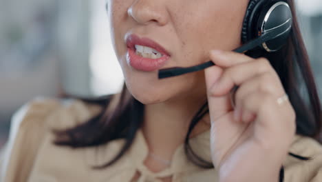 call center, woman mouth and support agent