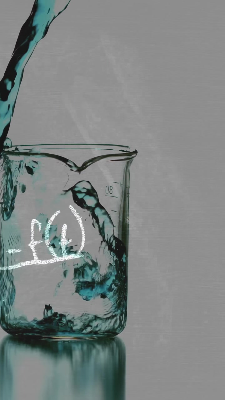 Vídeo vertical: Gota caindo em béquer graduado, fluxo derramando respingos, arte em giz mostrando fluxo de laboratório