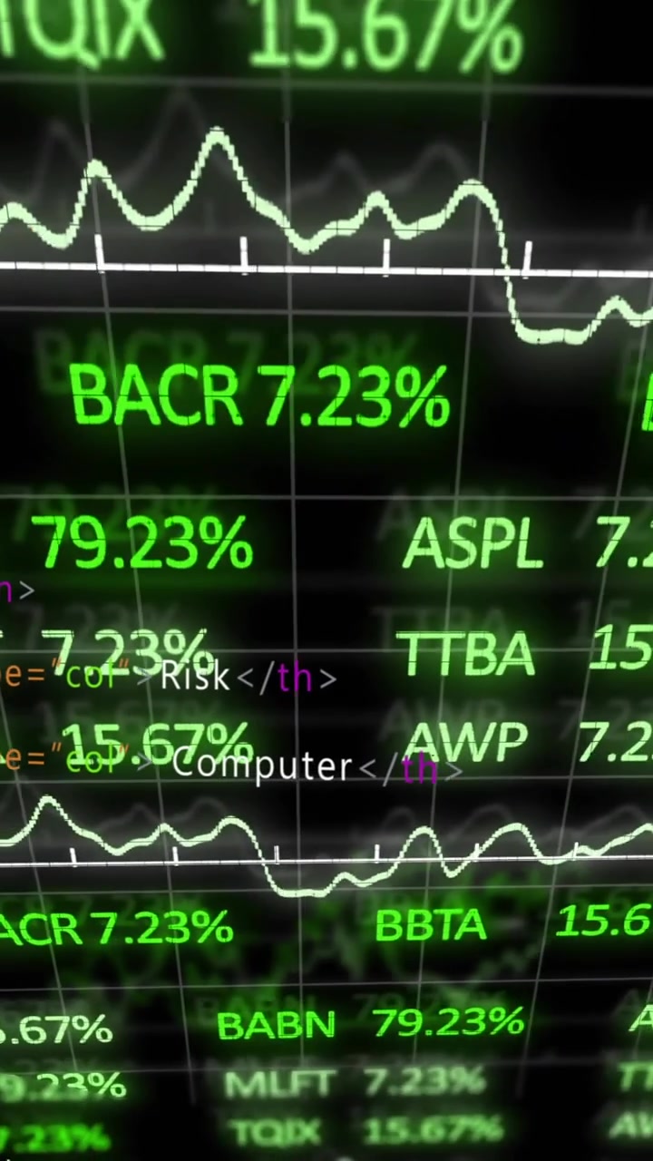 Animazione di dati di borsa e tendenze finanziarie su simboli di borsa verdi
