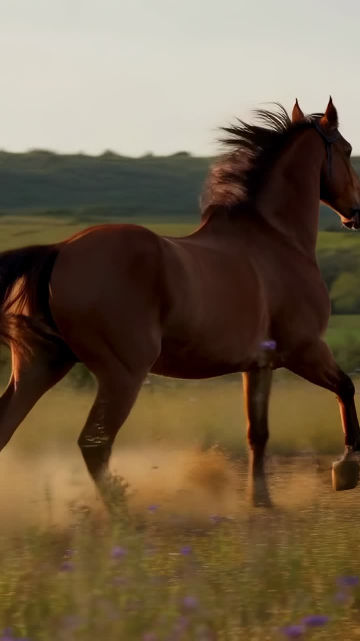 Video verticale: cavallo marrone al galoppo che solleva polvere in un prato erboso con fiori di campo viola