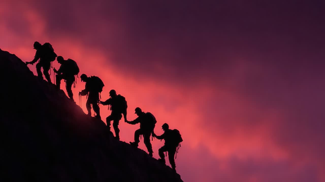 Un Groupe de Grimpeurs Gravissant une Pente de Montagne Raide Sous un Ciel de Coucher de Soleil Spectaculaire, Démontrant la Persévérance et l'Esprit d'Équipe dans les Sports d'Aventure