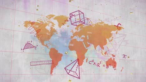 animación de ecuaciones matemáticas y diagramas con materiales escolares sobre el mapa