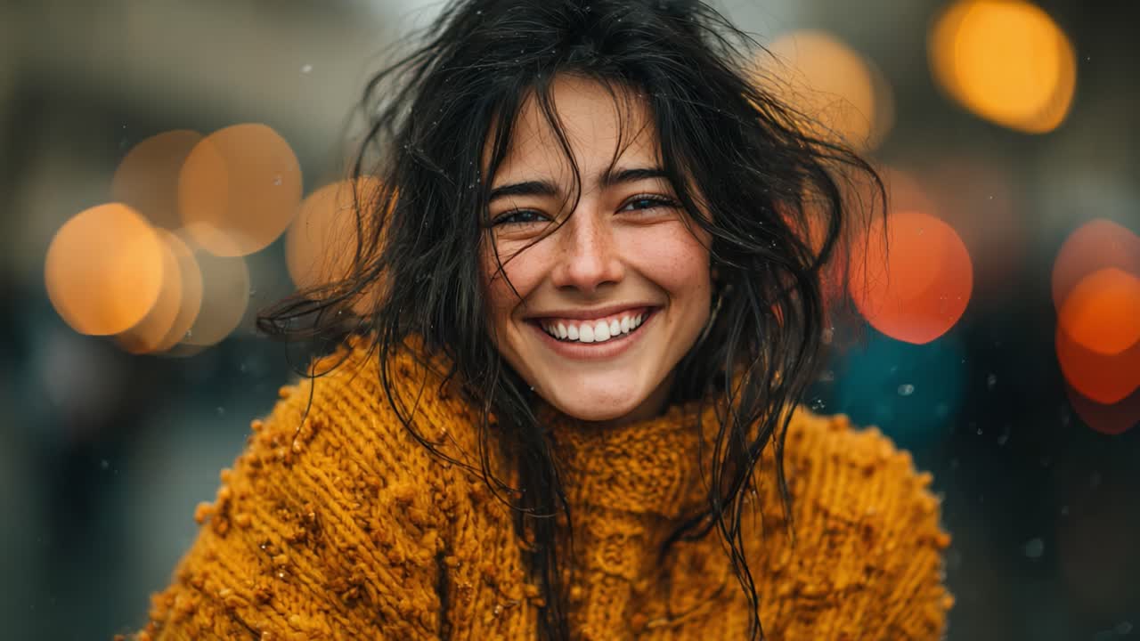 Captivating Expression: A Joyful Woman in a Cozy, Knitted Sweater Surrounded by a Soft, Blurred Urban Background, Emitting Warmth and Positivity