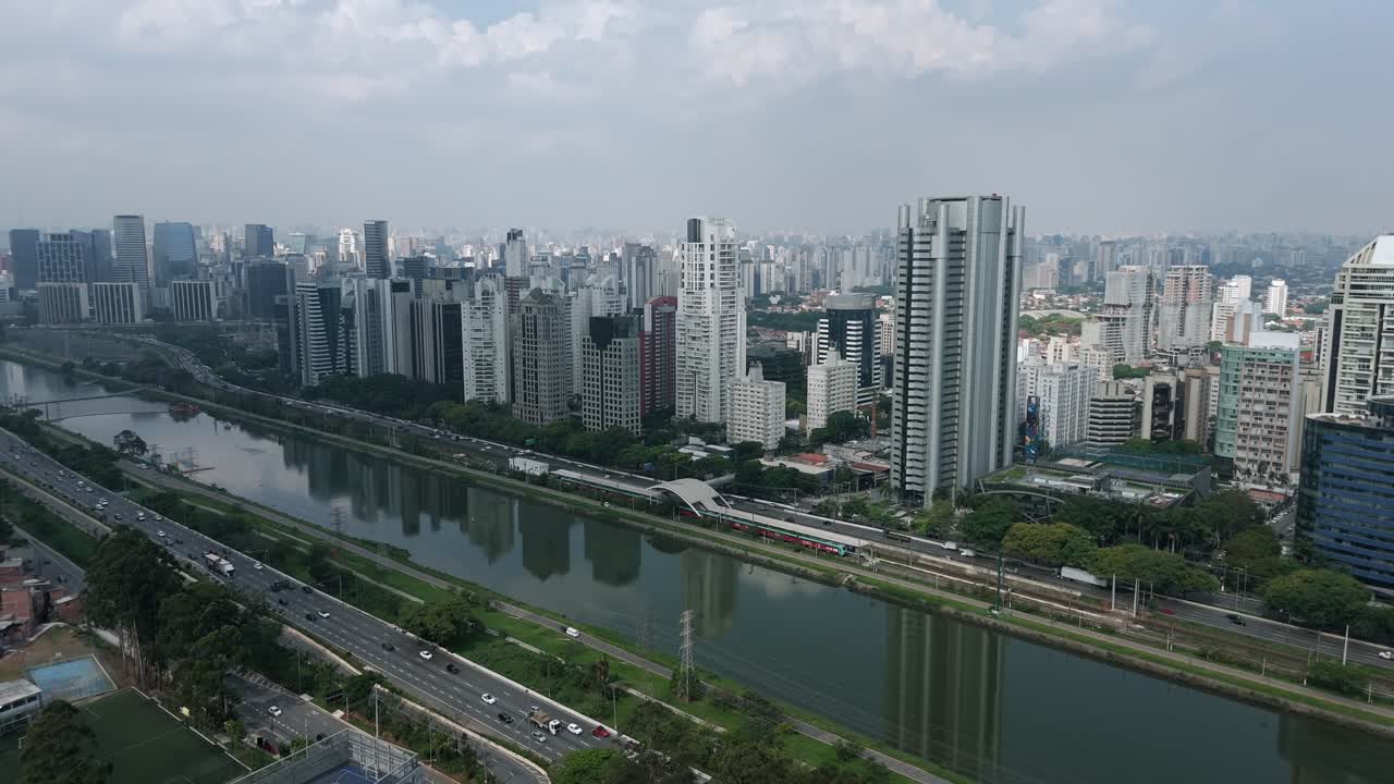 Aerial View Of Pinheiros River And Sao Paulo Skyline In Brazil