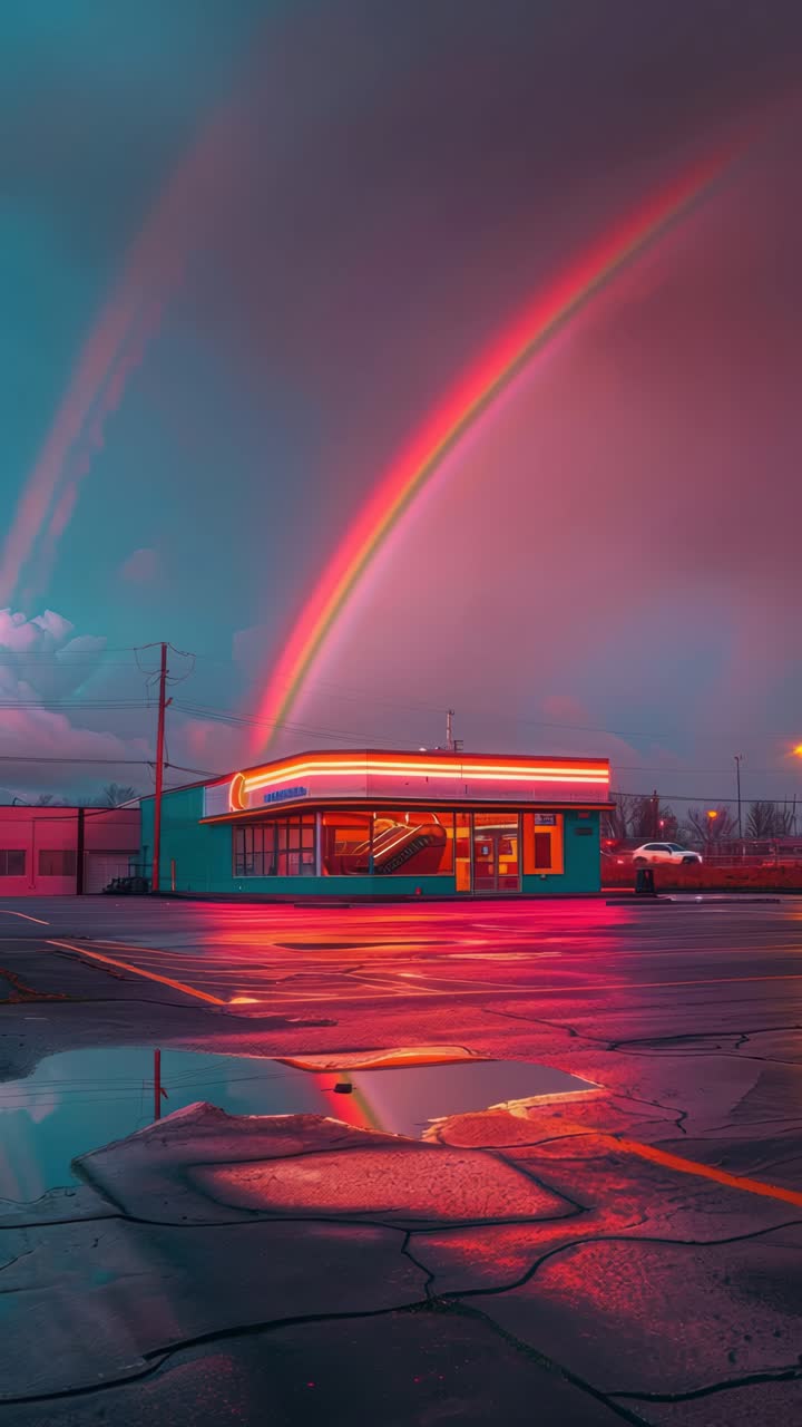 Lanchonete vibrante com luzes neon sob um arco-íris duplo ao entardecer, capturada de um ângulo baixo