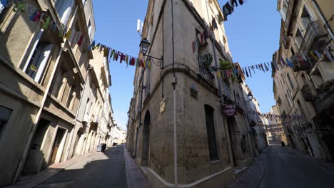 Beautiful-narrow-streets-with-decoration-Montpellier-ecusson-France-covid-lockdo