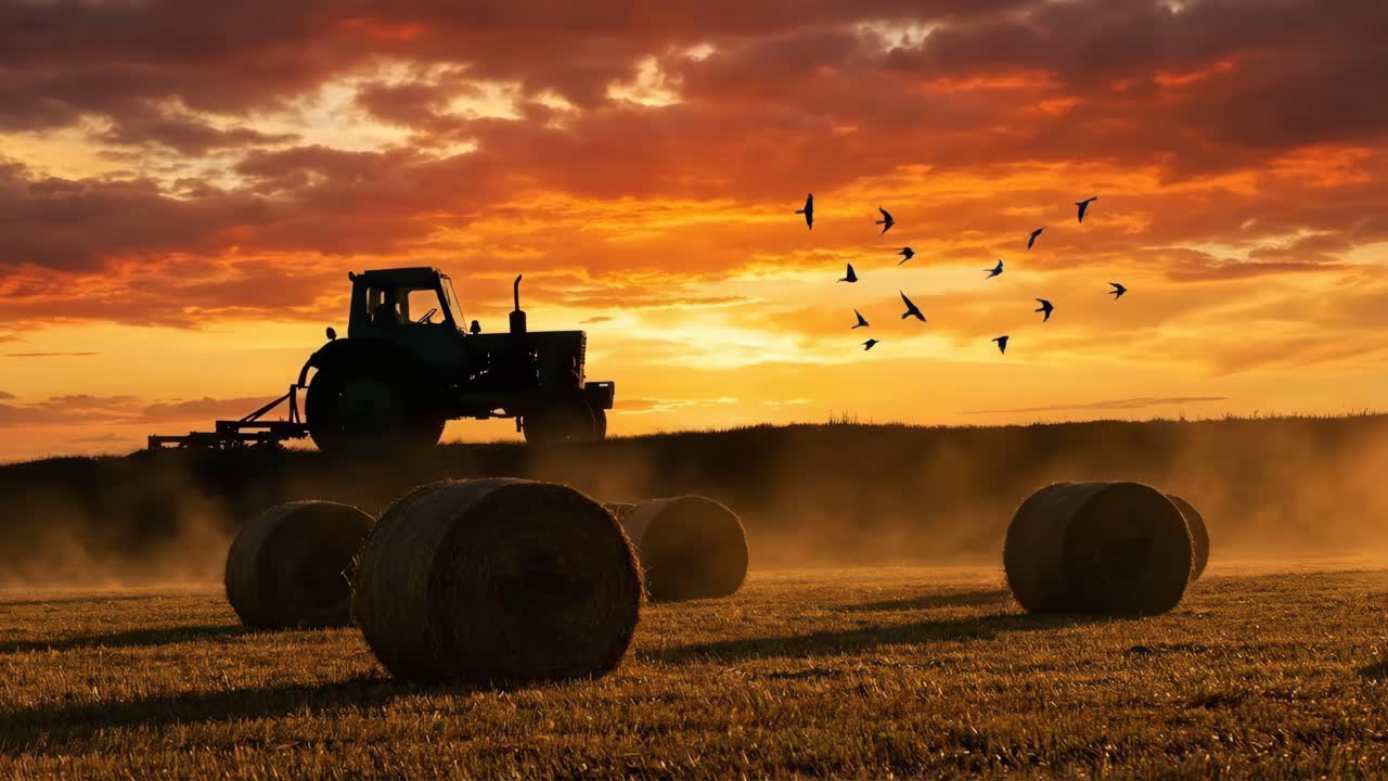 Tractor and Hay Bales at Sunset