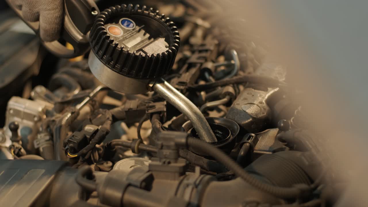 자동차 메카닉은 자동차 스테이션에서 엔진에 엔진 오일을 교체하고 있습니다. 현대 장비로 자동 오일 교체