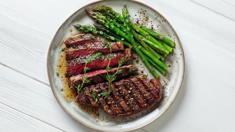 Gegrilltes-Rindersteak-In-Scheiben-Mit-Grünem-Spargel-Auf-Weißem-Teller