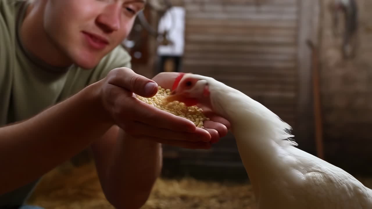 A person feeding a white chicken from their hands in a barn